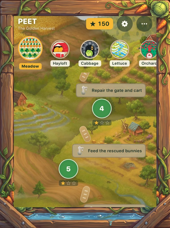 The world map: seven districts along a trail, with star ratings and named repairs