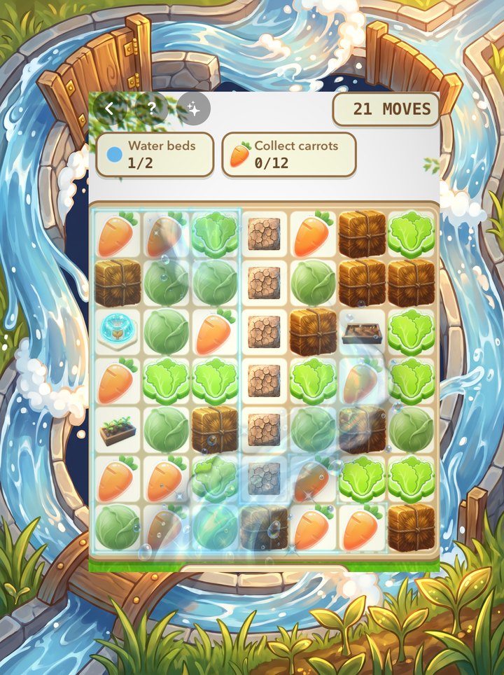 A level in progress: water spreading from the spring toward two dry crop beds, with the goals Water beds 1 of 2 and Collect carrots 0 of 12